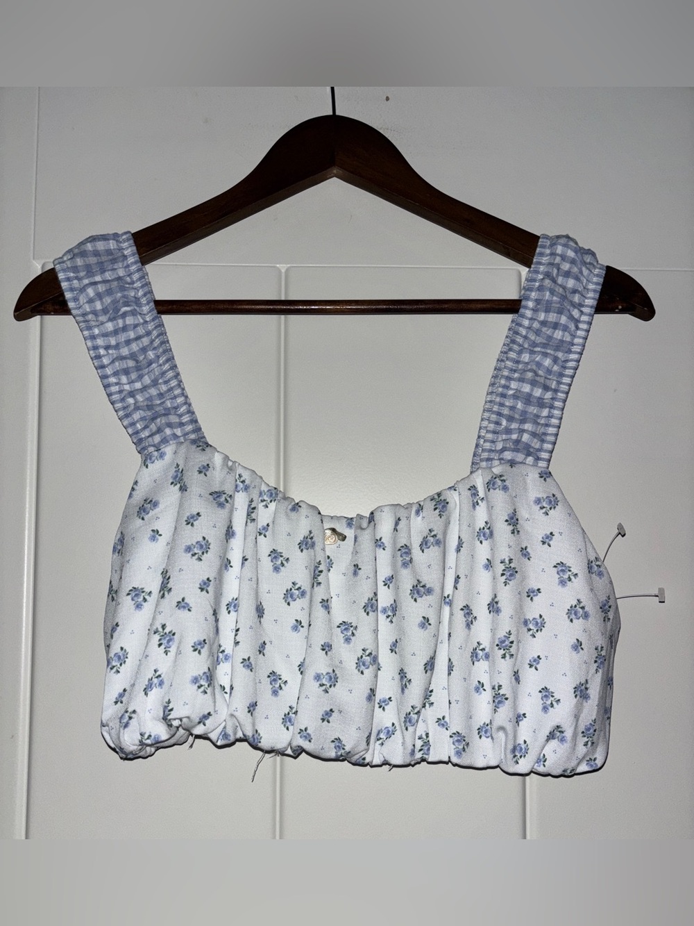 Orignality Y2K Milkmaid White Blue Floral Smock Crop Top Women L NEW Summer